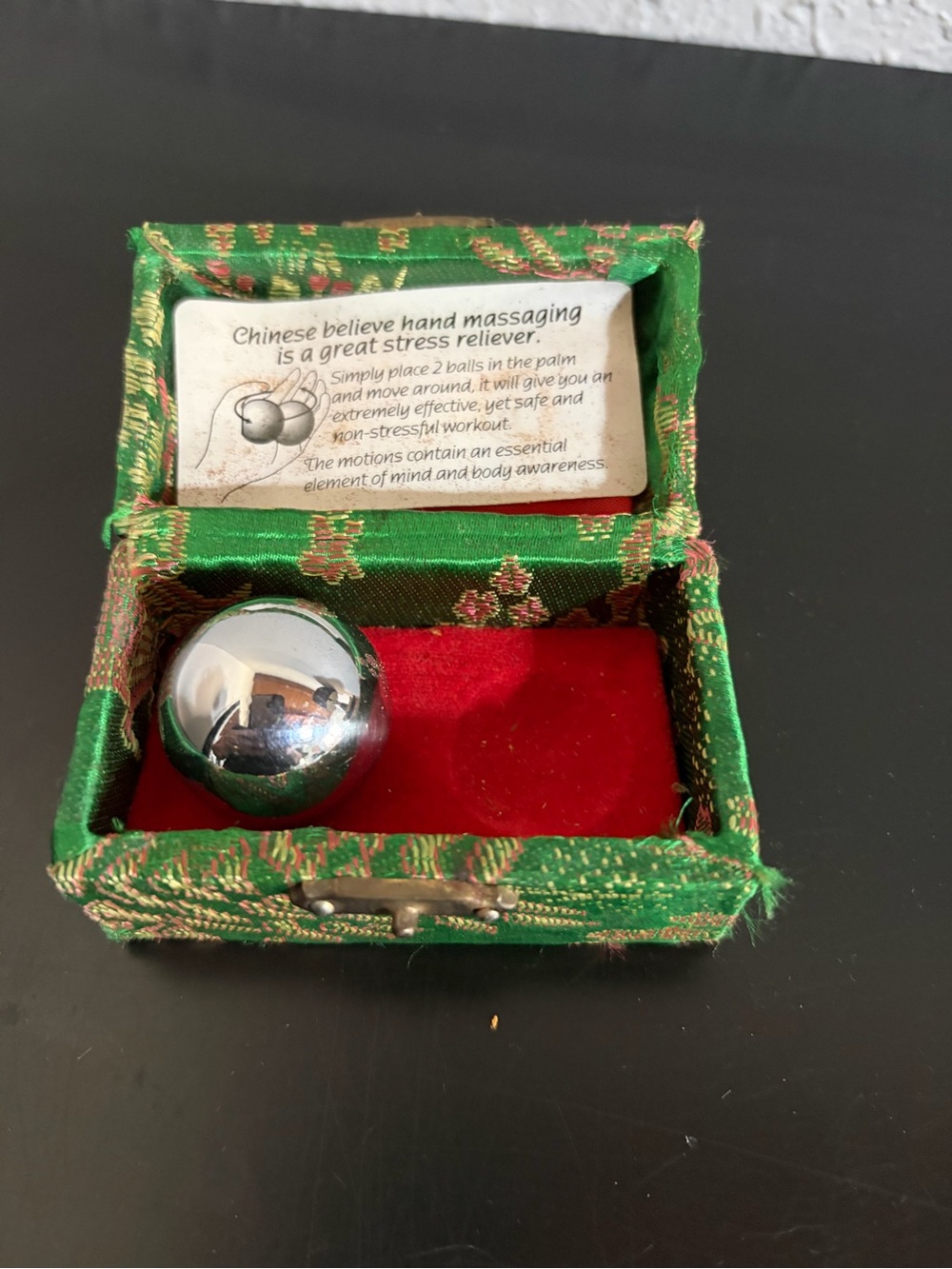Vintage Chinese Green Silk Brocade Baoding Meditation Ball & Box